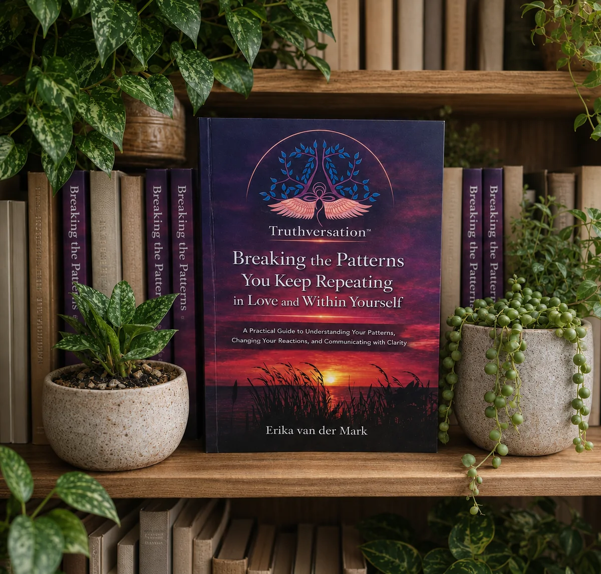 Breaking the Patterns You Keep Repeating book by Erika van der Mark displayed among plants and books