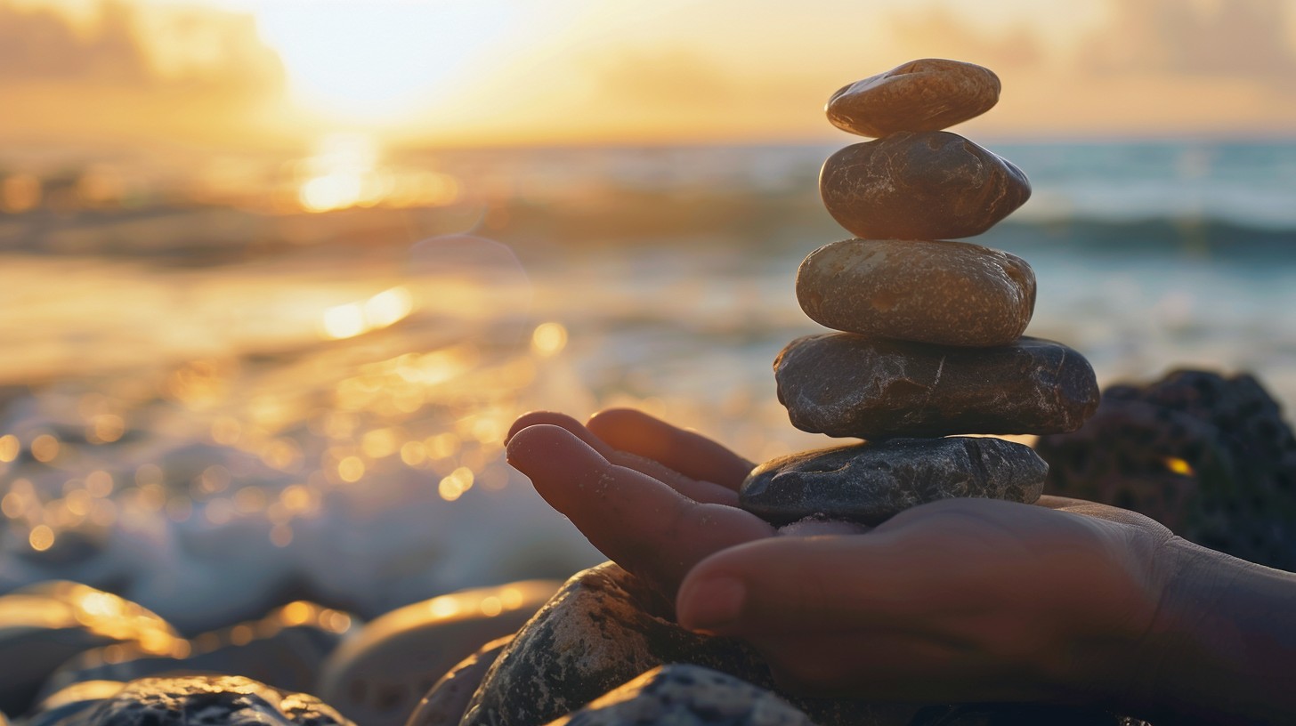Balanced stones at sunset